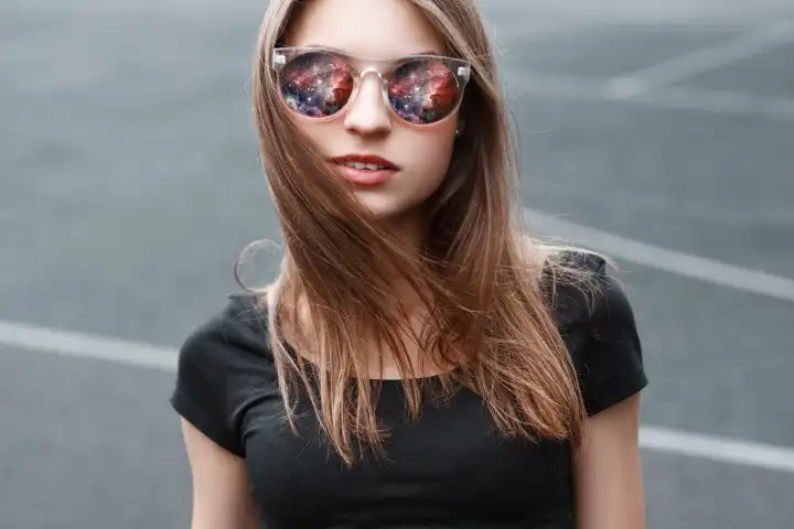 Schönes Mädchen mit Sonnenbrille. In der Brille Reflexion des Raumes.