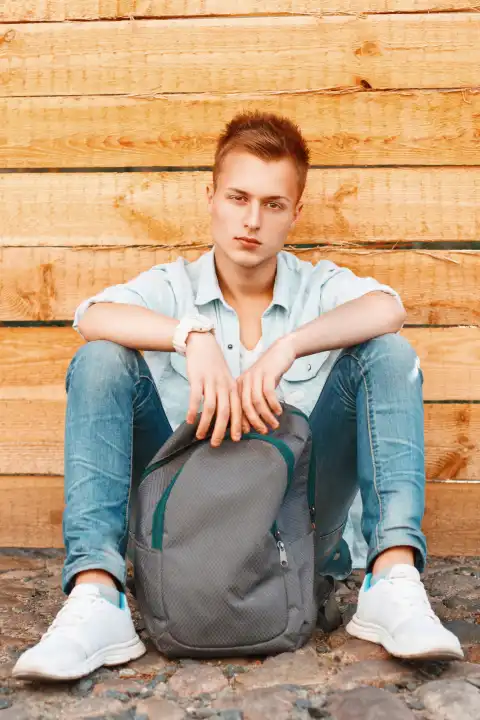 Junger gut aussehender Mann in Jeanskleidung mit einem Rucksack, der in der Nähe einer Holzwand sitzt.