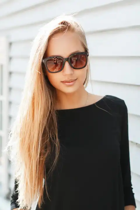 Stilvolle schöne Frau mit Sonnenbrille in der Nähe einer Holzwand