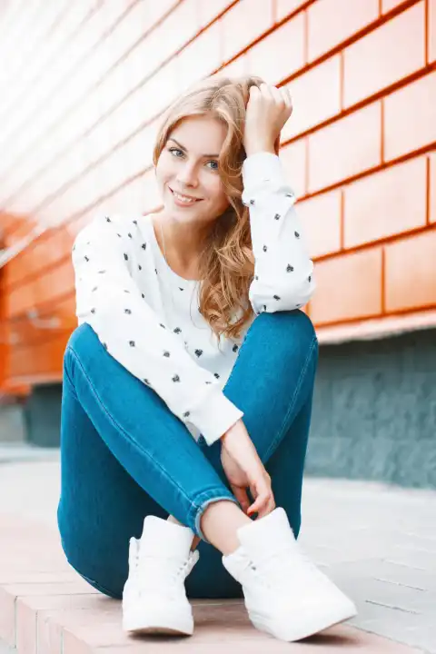 Porträt eines jungen schönen Mädchens in einem weißen Pullover, Jeans und weißen Turnschuhen, das auf einer Fliese in der Nähe der orangefarbenen Wand sitzt