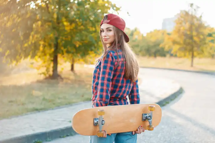 Schöne und Mode junge Frau posiert mit einem Skateboard