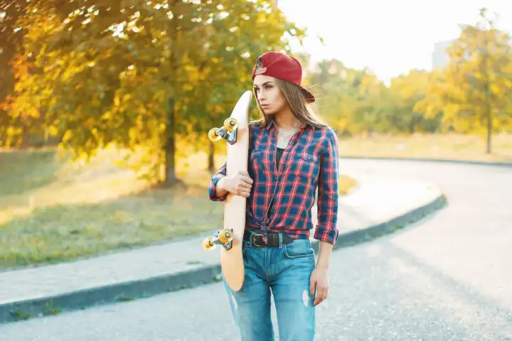 Hübsche Frau in T-Shirt und Jeans hält ein Skateboard. Schönes Porträt im Freien Herbst Abend bei Sonnenuntergang