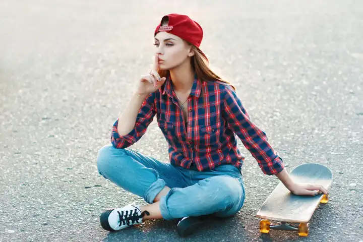 Schöne und Mode junge Frau posiert mit einem Skateboard