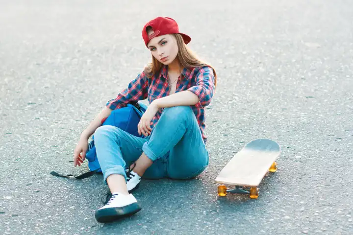 Schöne junge und modische Frau mit einer Tasche und einem Skateboard auf dem Bürgersteig sitzend.