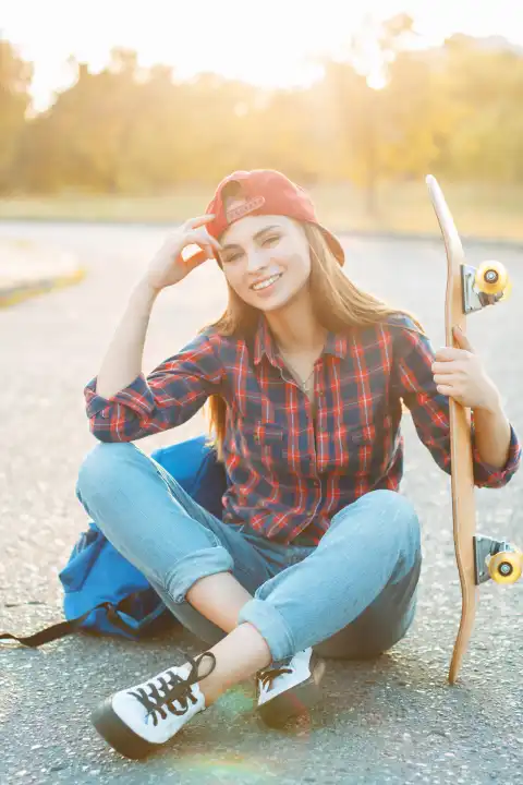 Porträt eines fröhlich lächelnden jungen Mädchens mit Skateboard und Rucksack bei Sonnenuntergang.