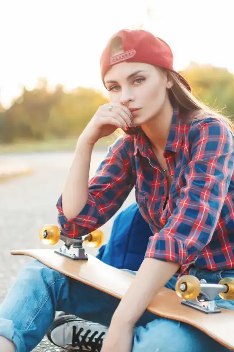 Fashion Lifestyle, Schöne junge Frau mit Skateboard, Gegenlicht bei Sonnenuntergang.