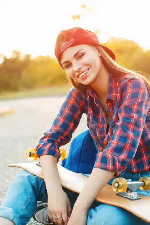 Schönes lächelndes Mädchen mit einem Skateboard auf dem Hintergrund des Sonnenuntergangs.