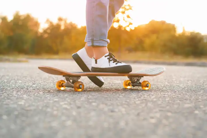 Mädchen steht auf einem Skateboard. Nahaufnahme von Füßen und Skateboard.