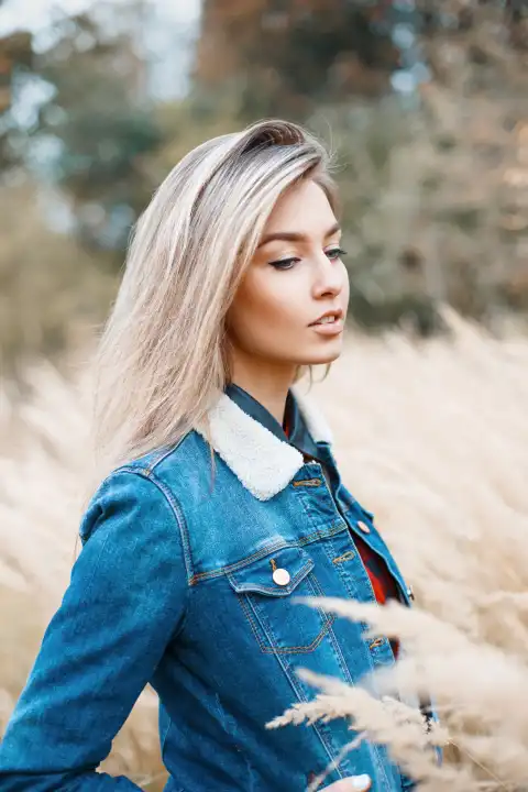 Hübsche Frau in Jeanskleid auf einem Hintergrund des Herbstfeldes