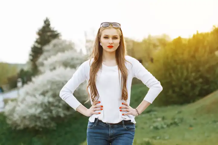 Portrait of a beautiful girl on a background of the spring landscape. Sunset.