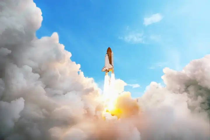 Space shuttle taking off on a mission. Spaceship flying in the sky