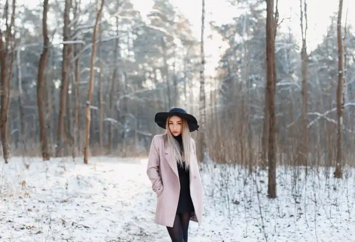 Hübsche modische Frau in schwarzen Hut und rosa Mantel im Winter erstaunliche Wälder bei Sonnenuntergang