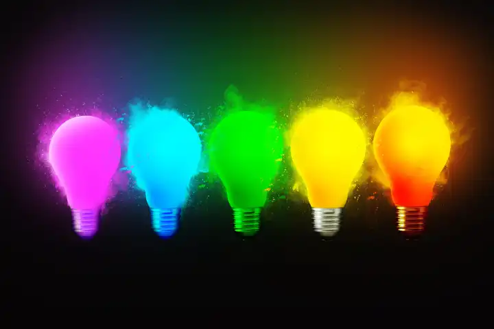 Kreative helle farbige Glühbirnen aufblasen mit trockener Farbe auf einem schwarzen Hintergrund, Konzept. Kreative Idee und anderes Denken. Denken. Elektrizität