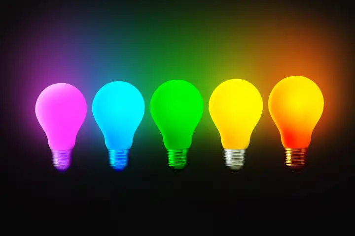Kreative farbige Glühbirnen leuchten auf einem schwarzen Hintergrund. Anders denken, Konzept. Kreatives Denken. Andere Idee und anderes Konzept