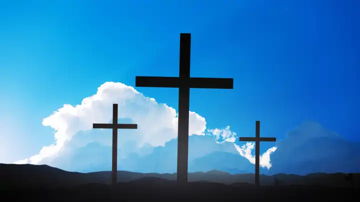 Three silhouette crosses stand in a field with a blue sky with amazing clouds and rays of the sun. Lord God, creative. Deity, concept. Crucifixion of Jesus Christ at dawn - three crosses. Religion