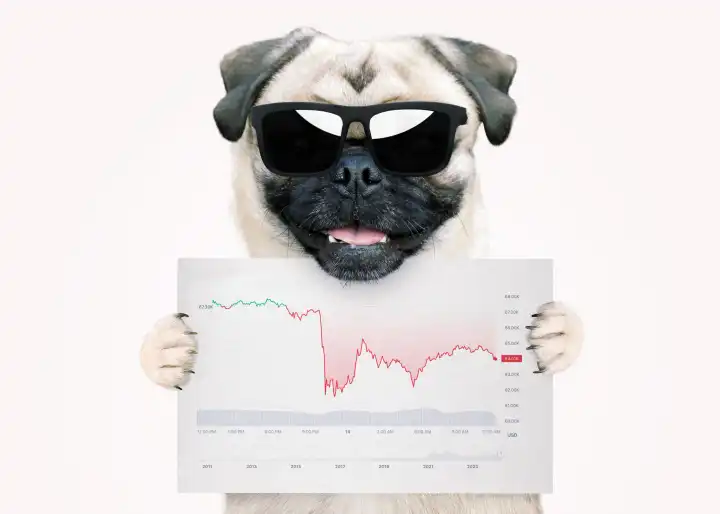 Cooler Hund Händler mit stilvollen Sonnenbrille hält ein Blatt mit Münze Statistiken. Fallender Markt und Krypto-Münzen, kreative Idee. Krise und Börse. Marktdiagramm