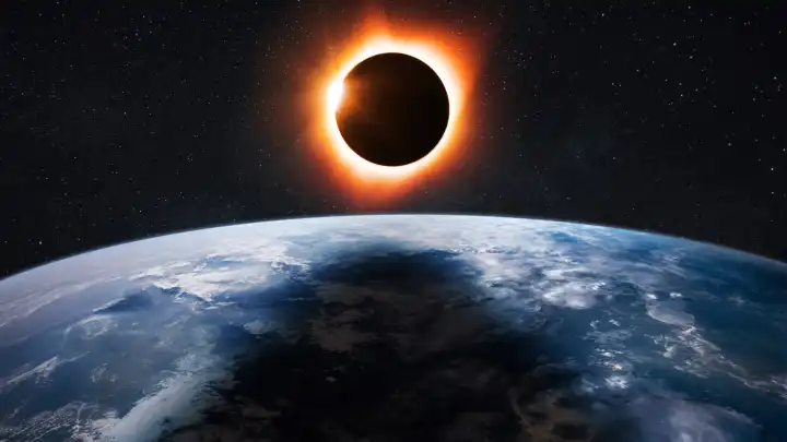 Amazing eclipse from space. Planet Earth with the Moon and a solar eclipse. Solar Eclipse. The moon moving in front of the sun. Creative