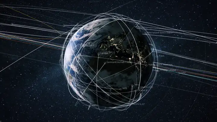 Beautiful blue planet Earth with satellites and trajectory lines in starry space. Planet Earth with the light of the night cities of Europe and the movement of the earth's satellites