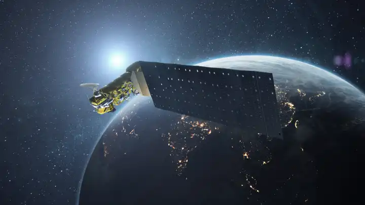 Technologie-Satellit fliegt in der Umlaufbahn in der Nähe von blauen Planeten Erde mit Sonne. Weltraumsatellit in der Erdumlaufbahn. Aqua ist eine NASA-Erdwissenschaft