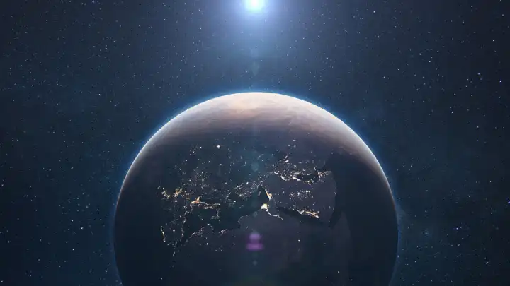 Amazing blauen Planeten Erde mit Lichtern der Nacht Städte in Europa, Afrika und Osten in sternenklaren Raum mit Sonne. Schöne Nacht Planet Erde. Deep Space