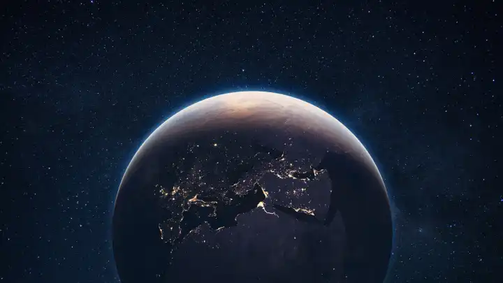 Amazing blauen Planeten Erde mit Lichtern der Nacht Städte in Europa, Afrika und Osten in sternenklaren Raum. Schöne Nacht Planet Erde. Deep Space