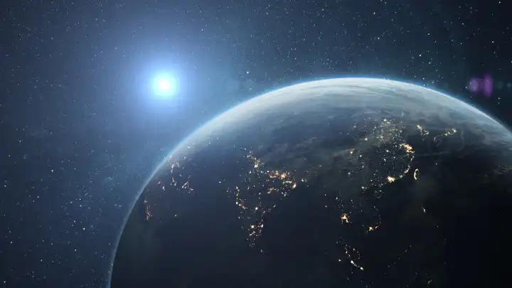 Schöne blaue Planet Erde mit den Lichtern der Nacht Städte mit einem hellen leuchtenden Sonne in einem sternenklaren Himmel. Amazing Nacht Planet Erde im Hinblick auf Indien, China, Korea und Japan.