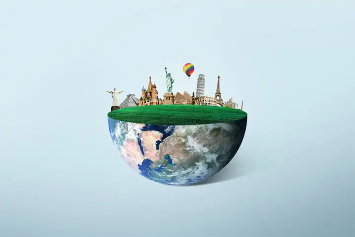 Half of the planet earth with green grass with world landmarks, concept. Travel on planet earth, creative idea. Trip adventure