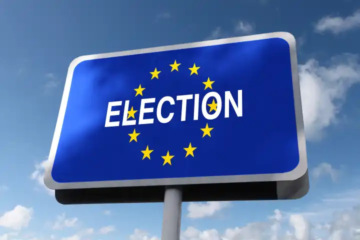 Straßenschild Europa Wahlen auf einem blauen Himmel mit Wolken. Wahlen und Freiheit, Kreativität