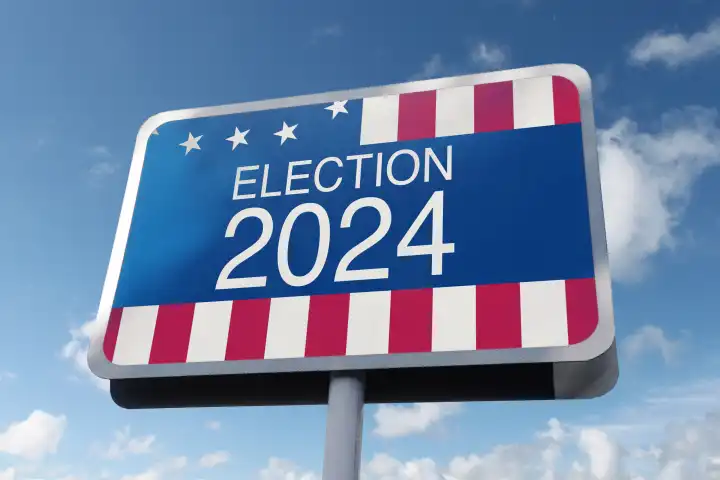 Road sign Election 2024 usa flag on blue sky. Freedom of choice, concept