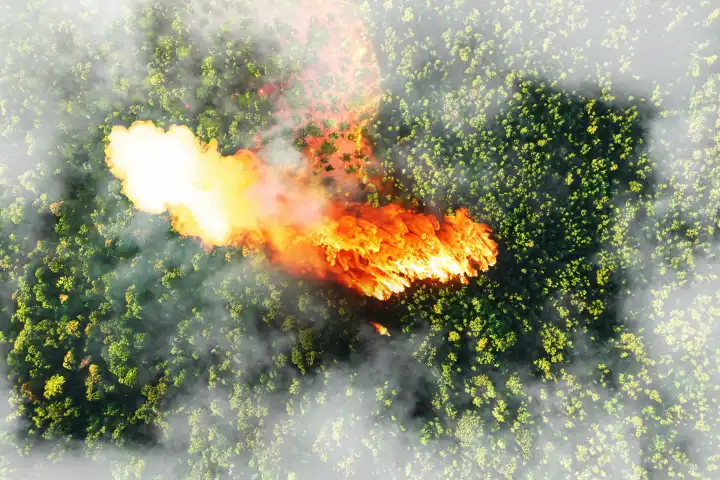 Waldbrände. Grüner Wald mit Feuer und Rauch. Globale Erwärmung