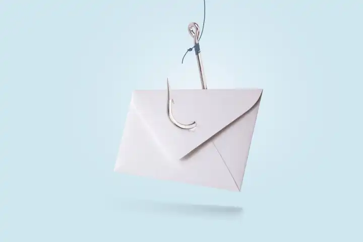 Papierpostbrief mit Metallhaken auf blauem pastellfarbenem Hintergrund, Konzept. Phishing und Hacker-Angriff per E-Mail, kreative Idee. Hacker und Spam-Mailing. Datendiebstahl. Falle und Täuschung