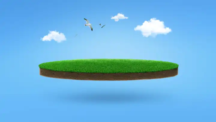 Grünes Feld Podium mit Gras, blauer Himmel, Wolken und Vögel, kreative Idee. Natur und Grünflächen, Konzept