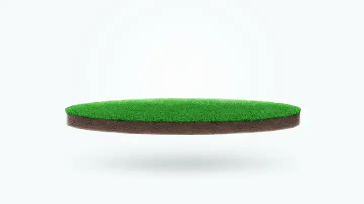 Circle podium grass field, round soil mockup. Green island podium levitates on a white background. Free copy space for design and product. Eco creative idea