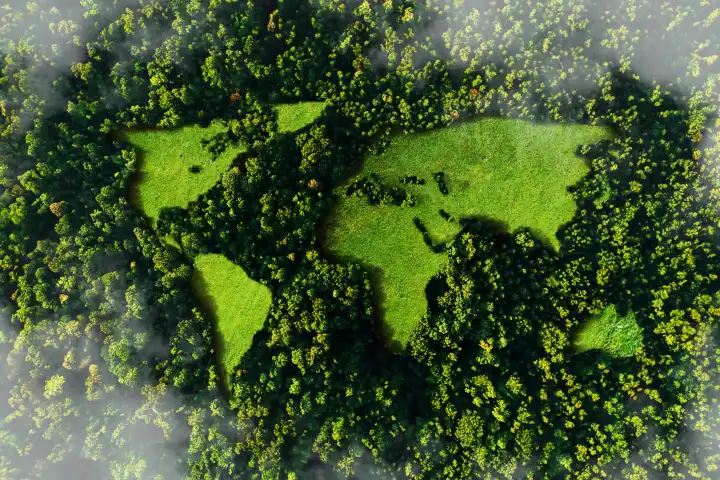 Schöne grüne Wald mit grünem Feld Kontinente des Planeten Erde, kreative Idee. Ökologie und Naturschutz. Veränderung des Klimas