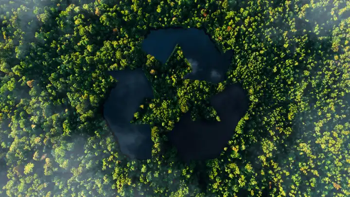 Schöner grüner Wald mit einem See und einem Recycling-Zeichen, aus der Vogelperspektive. Ökologie, Konzept. Rettet den Wald und recycelt, kreative Idee