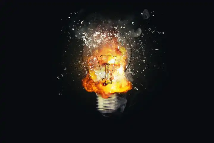 Creative Glühbirne explodiert mit Feuer mit Fragmenten und Rauch auf einem schwarzen Hintergrund, Konzept. Denken Sie anders kreative Idee Konzept. Trockene Farbe Spritzer. Brainstorming und Denken