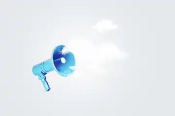 Creative blue loudspeaker with clouds on a gray background, concept. Affiliate marketing and attracting traffic, creative idea. Attention. Ad