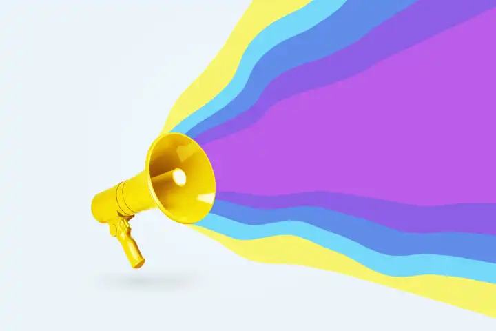 Creative yellow loudspeaker with color waves on white background, concept. Advertising and attracting traffic, creative idea. Marketing
