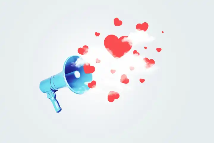 Creative blue loudspeaker with hearts in the clouds, concept. Marketing and likes, creative idea. Advertising and sales.