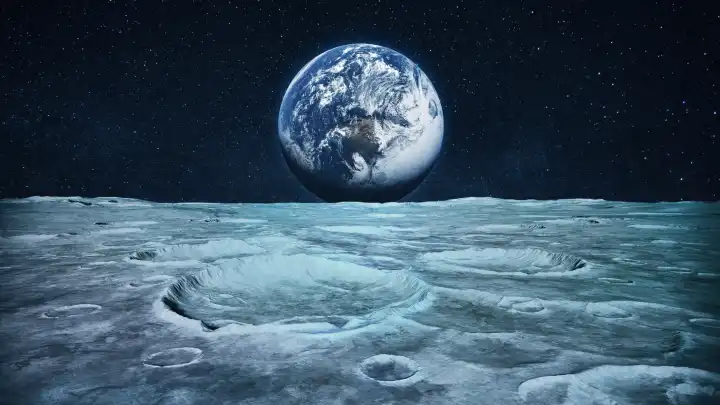 Oberfläche des Mondes Ansicht mit Kratern im Raum mit Sternen und Planeten. Planet Erde Blick vom Mond
