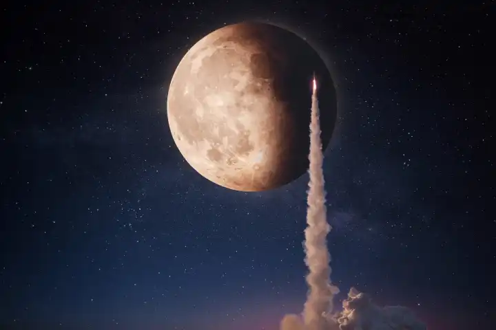 New rocket with smoke and blast successfully takes off into the starry sky with a full moon. Spaceship launch, concept. Space mission to the moon.. Start concept