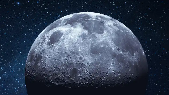 Die Oberfläche des Mondes mit Kratern im Weltraum. Mond mit Sternen
