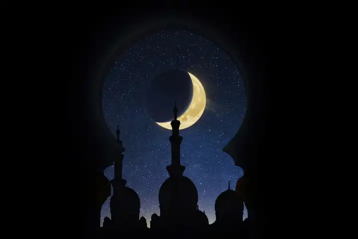 Moschee bei Nacht mit einem Monat. Silhouette auf dem Hintergrund des Sternenhimmels. Ramadan.
