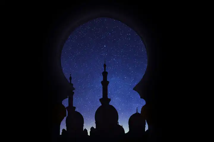 Night mosque silhouette on the starry sky. Ramadan. Muslim religion