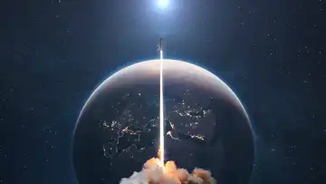 Space Shuttle Rakete startet mit Explosion und Rauch im Raum mit dem Planeten Erde und Sonne. Start der Weltraummission Raketenstart