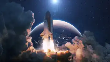 Space Rakete abheben in den Kosmos mit Rauch und Explosion auf einem Hintergrund des blauen Planeten Erde. Raumschiff fliegt im Raum mit einem sternenklaren Himmel in der Nähe des Planeten. Erfolgreicher Start der Mission