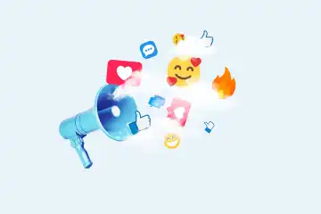 Creative loudspeaker with flying emoticons, likes, messages and reactions. Social media and affiliate marketing, concept. Traffic and sales online, creative idea.