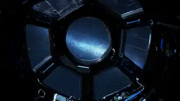 View of the starry space from the space station cabin. ISS windows