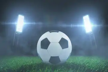 Trainingsstadion mit einem Fußball auf dem Rasen bei Nacht mit Flutlicht. Fußball-Europameisterschaft 2024. Weltmeisterschaft, kreative Idee