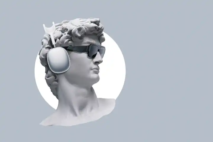 Kreative Hipster Büste Statue mit Mode Sonnenbrille und Kopfhörer auf grauem Hintergrund, Konzept. Kreative Idee und moderne Kunst.